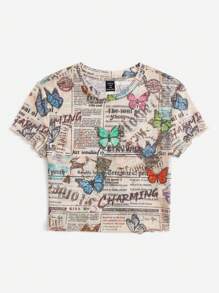 SHEIN EZwear 大碼報紙印花網紗上衣 - 彩色 - 查看 1