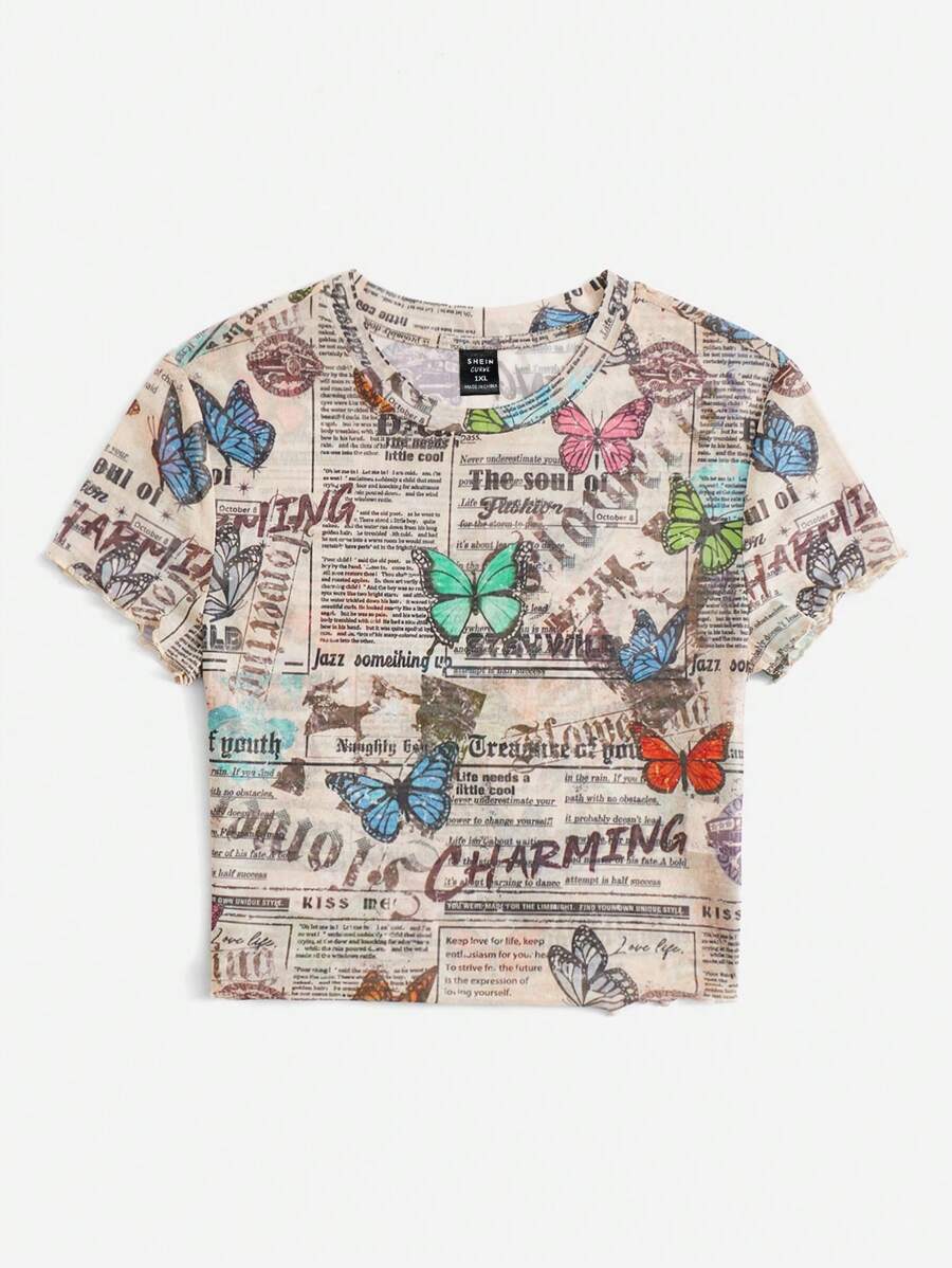 SHEIN EZwear 大碼報紙印花網紗上衣 - 彩色 - 查看 1