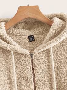 SHEIN LUNE Drop Shoulder Drawstring Hooded Teddy Jacket - Camel - View 4