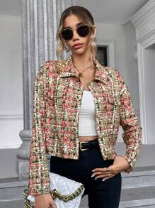 SHEIN Privé In kẻ sọc Thả vai Nút phía trước Tweed Áo khoác - Nhiều màu - Xem 2