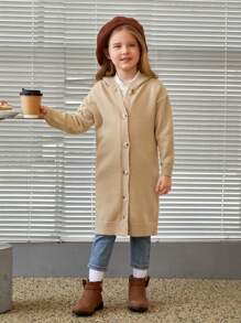 SHEIN Cô Gái Trẻ Thả vai áo có mũ Áo len Mở - Màu Khaki - Xem 4