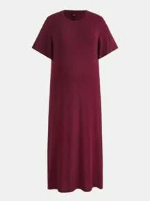 SHEIN BASICS Plus Solid Tee Dress - Burgundy - View 1