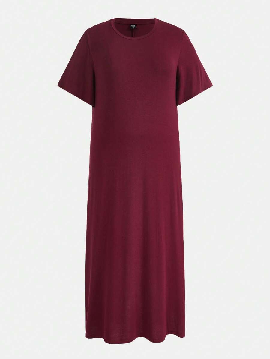 SHEIN BASICS Plus Solid Tee Dress - Burgundy - View 1