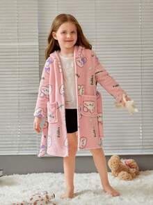 SHEIN Young Girl Cartoon and Letter Print Hooded Belted Flannel Sleep Robe - Pink - View 6
