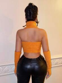 SHEIN SXY Áo dệt kim nữ Bất đối xứng Lộ Lưng màu trơn Gợi cảm - trái cam - Xem 2
