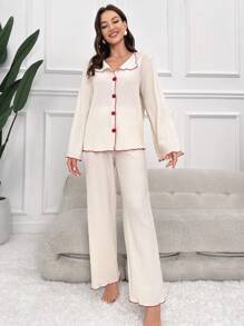 SHEIN Contrast Binding Button Front Top & Pants PJ Set / Pajama Set, Fall Winter Clothes - Apricot - View 3