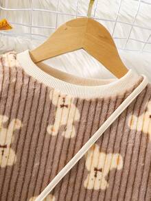 SHEIN 少女2入組式秋冬裝，包括別緻熊包和優雅時尚休閒風格卡其色和棕色圓領長袖連身裙 - 卡其色 - 查看 6