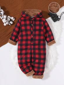 SHEIN 年轻男孩休闲宽松红黑格子印花泰迪熊内衬连帽连体裤，秋冬季