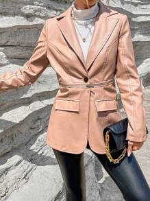 SHEIN Privé Lapel Neck Single Button PU Blazer - Apricot - View 7