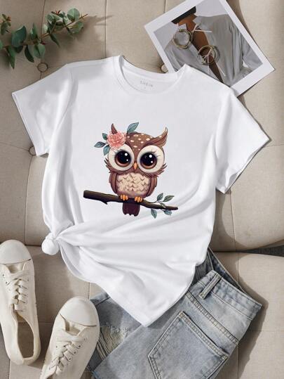 INAWLY Owl Print Tee Graphic Tees Women Tops