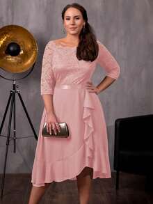 MIUSOL 大碼上身蕾絲荷葉邊酒會擺裙 - 粉色 - 查看 6