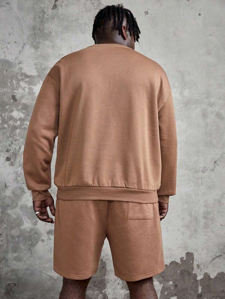 Men Plus Letter Graphic Pullover Sweatshirt & Track Shorts, For Fall Winter