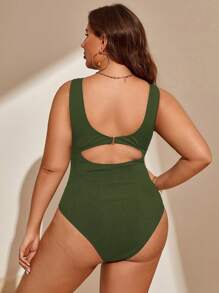 Swim Lushoire Summer Beach Plus Solid Ruched One Piece Swimsuit - Army Green - View 2