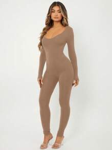 SHEIN SXY Solid Scoop Neck Unitard Jumpsuit - Mocha Brown - View 3