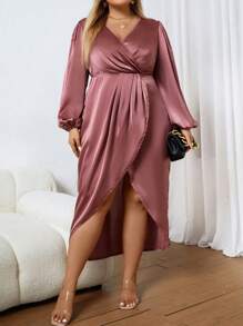 SHEIN Clasi Plus Lantern Sleeve Wrap Hem Dress - Brown - View 7