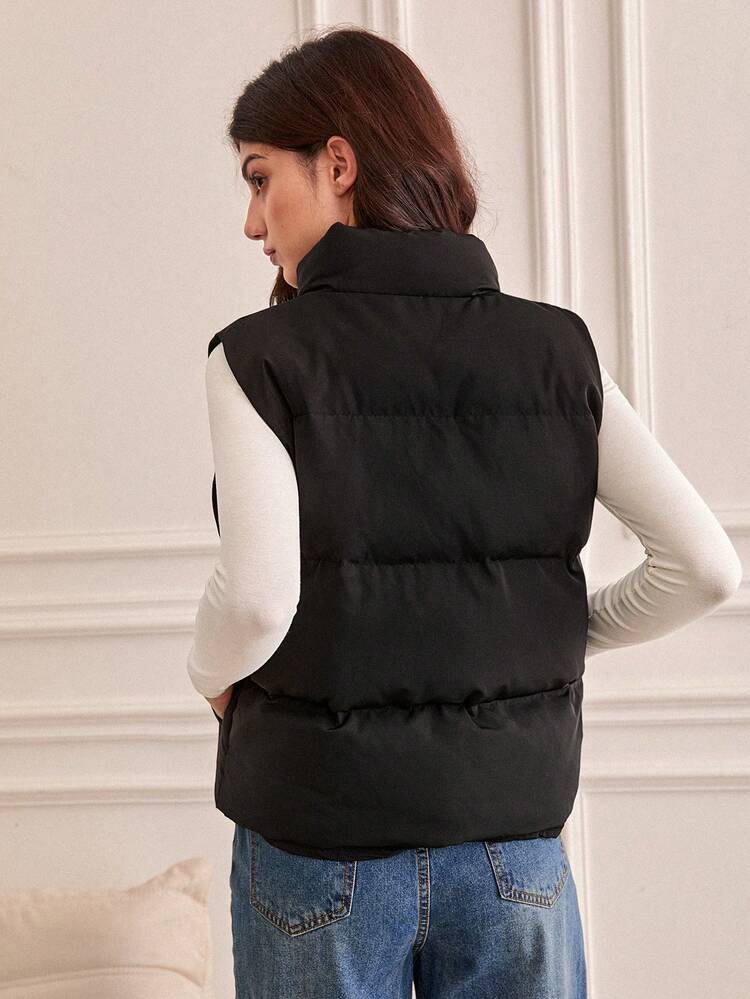 Letter Embroidery Zip Up Vest Padded Coat Winter Black