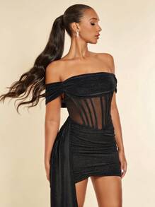 SHEIN BAE Váy lưới trễ vai có dây xếp nếp bên hông Váy bodycon lấp lánh - màu đen - Xem 3