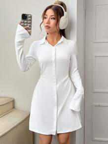 SHEIN Qutie 素色前紐扣襯衫洋裝 - 白色 - 查看 1