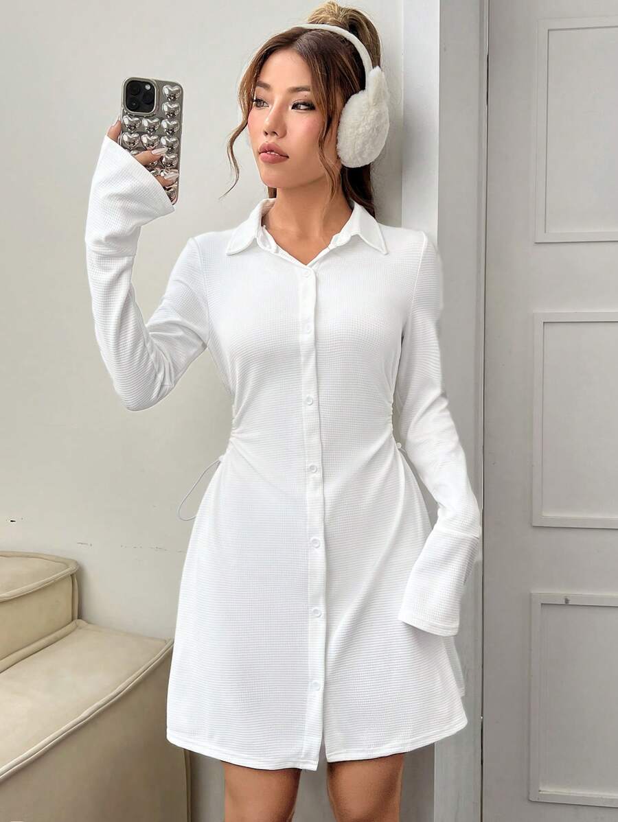 SHEIN Qutie 素色前紐扣襯衫洋裝 - 白色 - 查看 1