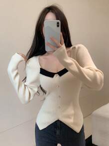 DAZY Contrast Trim Button Front Ribbed Sweater,Long Sleeve Tops,Fall Clothes - Apricot - View 2