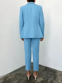 EURMUSE Women's Metallic Button Color Block Notched Lapel Long Sleeve Suit Jacket And Pants Set - Blue - View 2