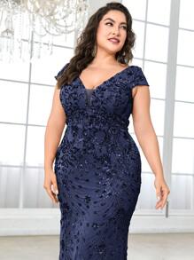 BluePlum Đầm maxi dáng đuôi cá ôm sát, tay ngắn, cổ chữ V, chất liệu co giãn cao cấp, đính sequin, cỡ lớn, màu trơn, thanh lịch và sang trọng, tôn lên vẻ duyên dáng trẻ trung nữ tính, phù hợp cho các bữa tiệc, lễ tốt nghiệp, đám cưới, sự kiện, dạ hội và các dịp trang trọng (Phiên bản cao cấp) - Đầm dự tiệc, đầm dự đám cưới, đầm dạ hội - Màu xanh hải quân - Xem 4