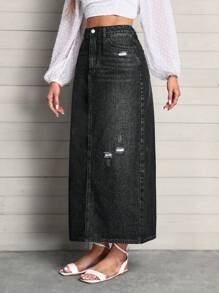 高腰破洞牛仔半身裙 - 深灰色 - 查看 4