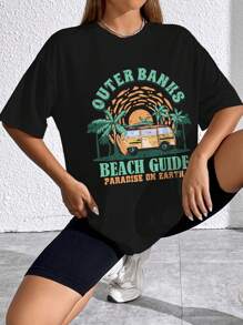 SHEIN EZwear Car & Slogan Graphic Drop Shoulder Tee - Black - View 4