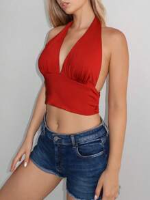 SHEIN EZwear 素色繞頸短上衣 - 紅色 - 查看 3