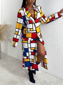 Slaydiva Abrigo con estampado geométrico de cuello con solapa - Multicolor - Ver 5