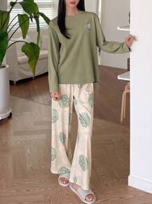 DAZY Cartoon Grafik, Drop Shoulder T-Shirt mit & Hose Lounge Set mit - Grün - Übersicht 5