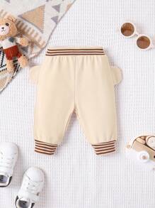 SHEIN Baby Boy Cartoon Embroidery 3D Ear Design Striped Trim Pants - Apricot - View 2