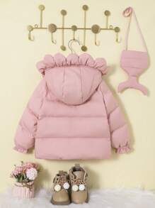 SHEIN Baby Girl Ruffle Trim Flare Sleeve Hooded Jacket & Bag - Dusty Pink - View 2