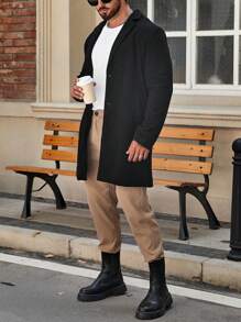 Manfinity Homme Men Lapel Neck Button Front Overcoat - Black - View 6