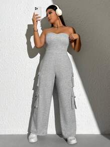 SHEIN EZwear 大碼側翻蓋口袋抹胸連體褲 - 灰色 - 查看 3
