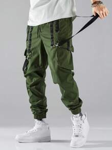 Manfinity EMRG 男士織帶拼接翻蓋口袋腰部抽繩工裝褲 - 軍綠色 - 查看 3