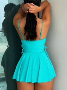 SHEIN Swim Summer Beach Plain Lace Up Side Tankini Swimsuit - Blue - View 2