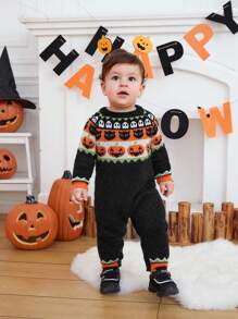 SHEIN Baby Girl Halloween Pumpkin Pattern Knit Jumpsuit - Multicolor - View 3