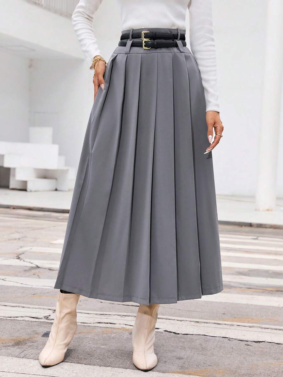 SHEIN Privé Solid Pleated Skirt - Grey - View 1