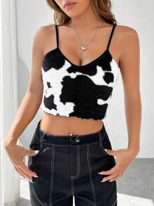 SHEIN EZwear Cow Print Crop Fuzzy Cami Top - Black and White - View 6