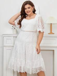 Vestido escote corazón bajo con fruncido con encaje - Blanco - Ver 3