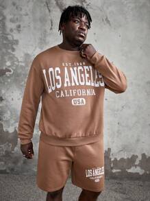 Manfinity VCAY Men Plus Letter Graphic Pullover Sweatshirt & Track Shorts, For Fall Winter - Brown - View 4