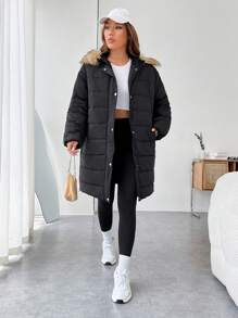 SHEIN EZwear 毛绒装饰连帽夹棉大衣 - 黑色 - 查看 6