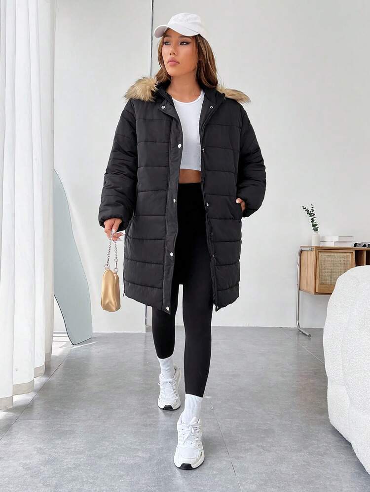 Fuzzy Trim Hooded Padded Coat