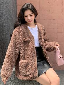 DAZY Dual Pocket Button Front Teddy Coat - Khaki - View 3