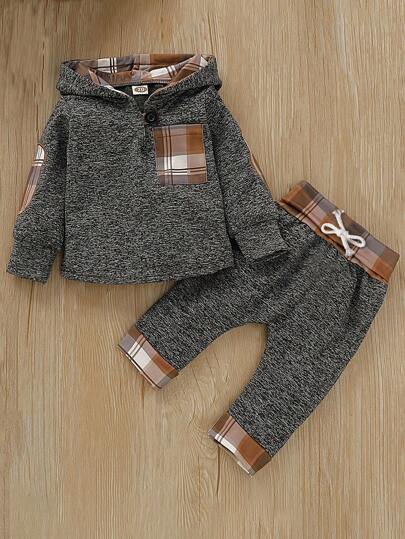 Baby Boy Plaid Print Hoodie & Knot Front Pants