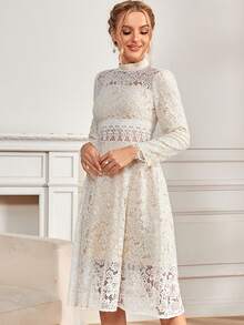 優雅小高領蕾絲正式晚禮服 - 米色 - 查看 5