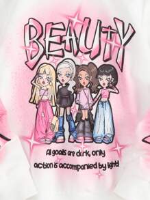 SHEIN 女大童卡通和標語圖案連帽衫