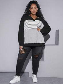 SHEIN CURVE+ Hơn In sọc Khối màu Thả vai Áo nỉ - Nhiều màu - Xem 6