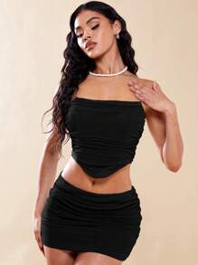 SHEIN BAE Ruched Mesh Tube Top & Bodycon Skirt - Black - View 5